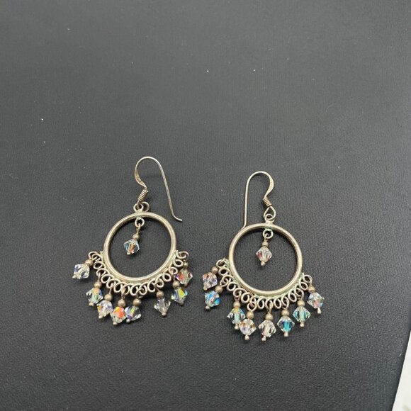 925 Sterling Silver Faceted Beaded Crystal Dangle Drop Earrings Hook Closure - Picture 3 of 5